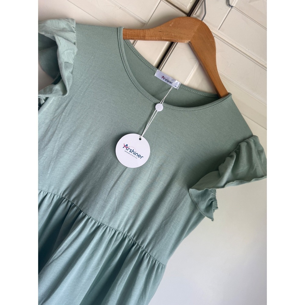 Arshiner Girls Sage Green Tiered Flutter Sleeve Jersey Knit Dress Size 160 NWT